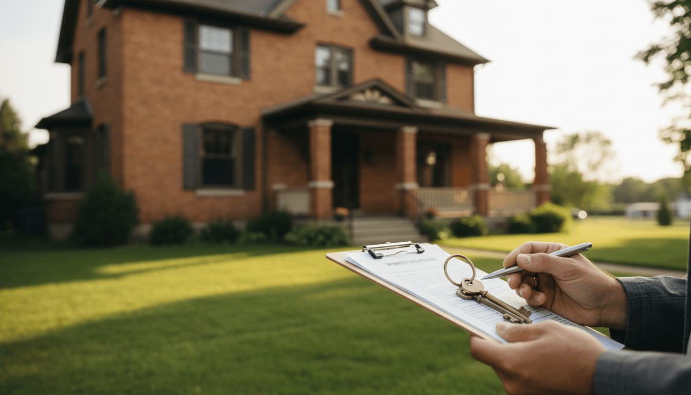Property manager holding keys in front of a well-maintained home
