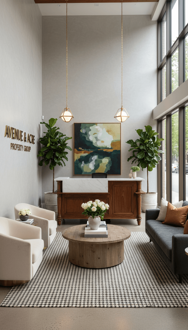 Lobby of a boutique property management office with elegant, modern-traditional decor.