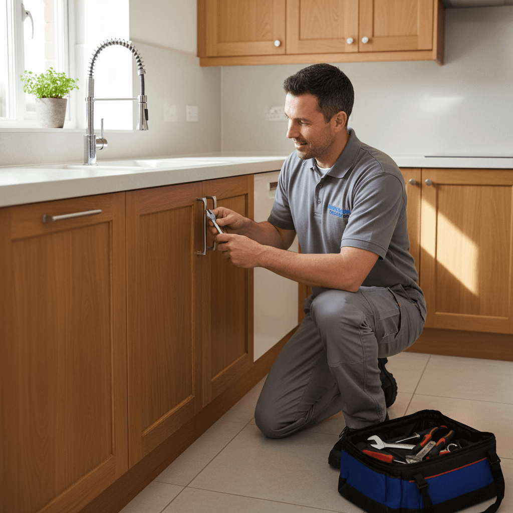 Maintenance technician repairing a kitchen faucet