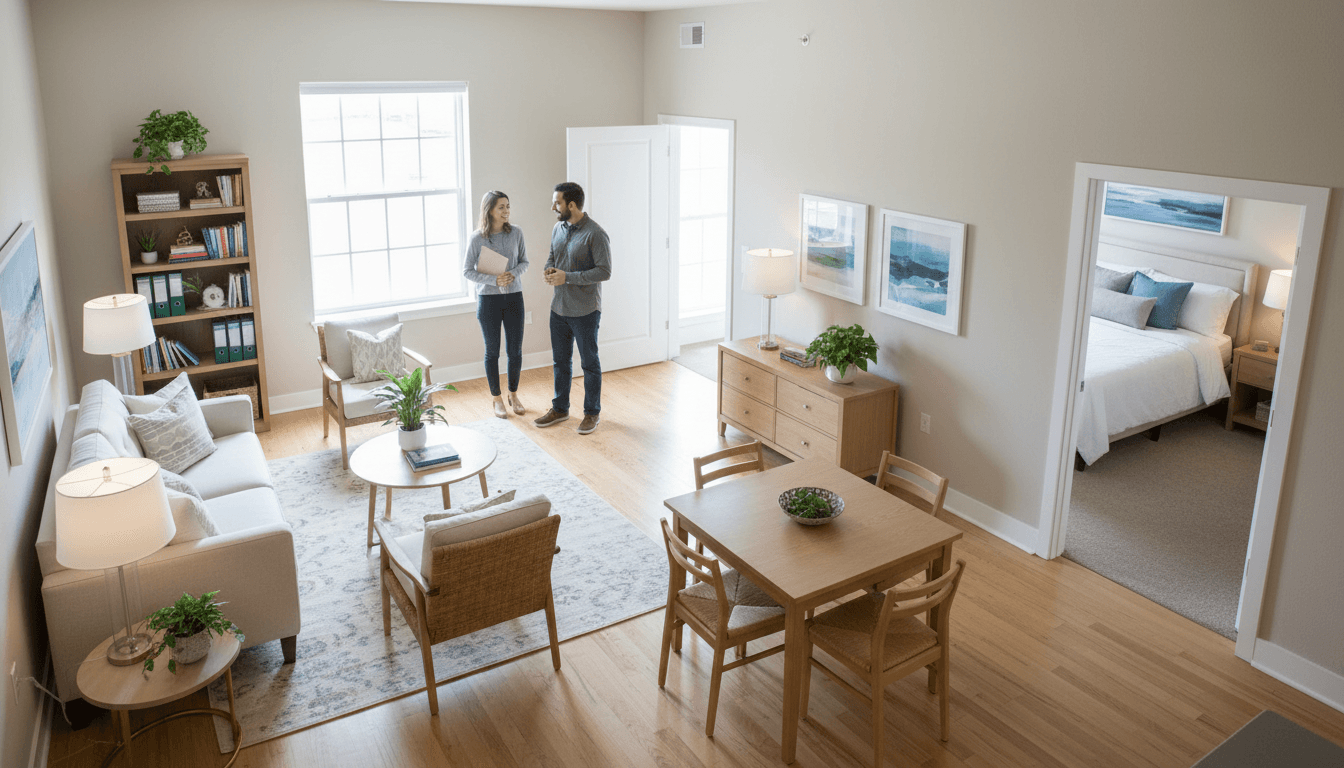 Bright, fully furnished transitional housing apartment showing comfortable living room, dining area, and bedroom entrance with natural light