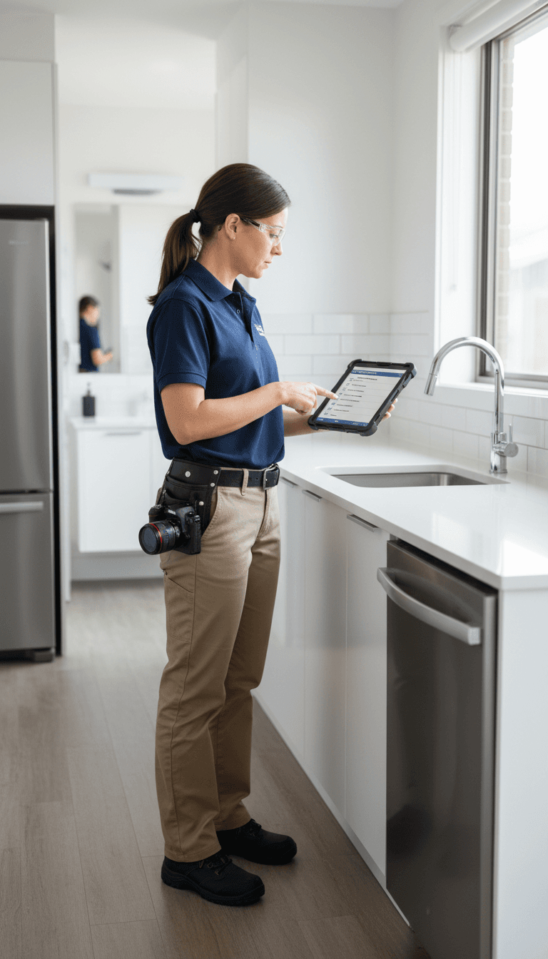 Maintenance coordinator inspecting residential property interior, taking notes and documenting property condition
