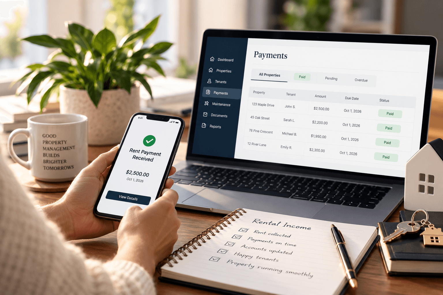 Person holding smartphone with rent payment confirmation beside a laptop displaying a property management dashboard.