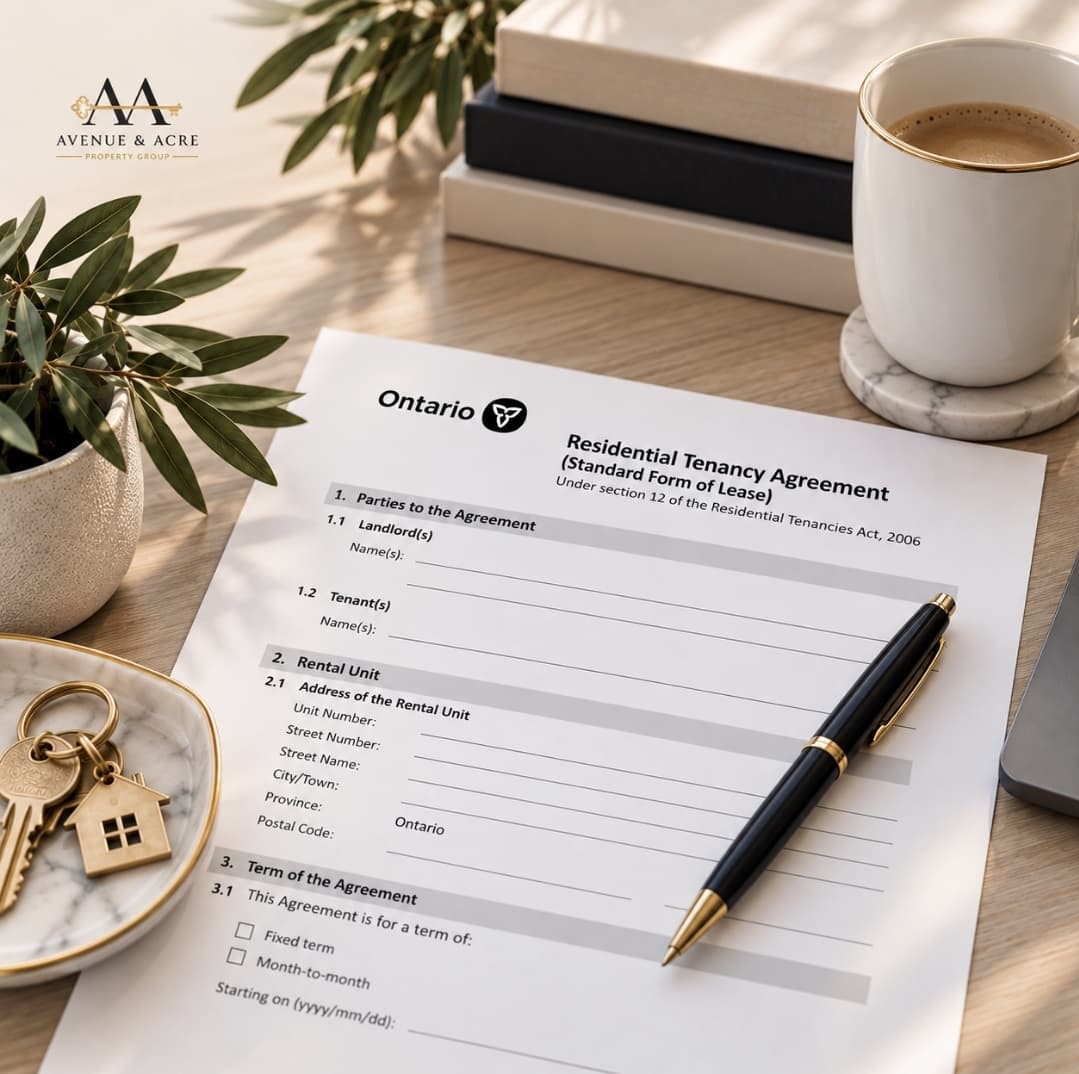 Ontario Residential Tenancy Agreement on a desk with a pen, house keys, and coffee.