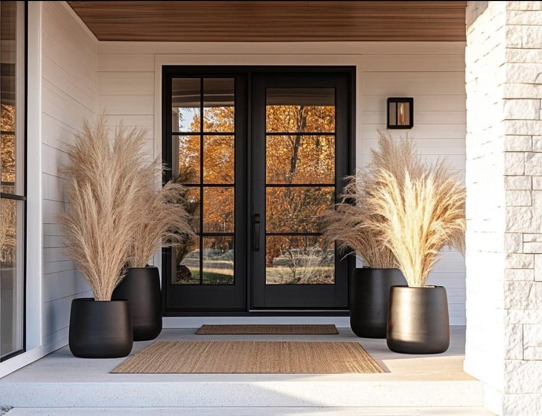 Black double doors reflecting autumn trees, flanked by pampas grass in large black planters.